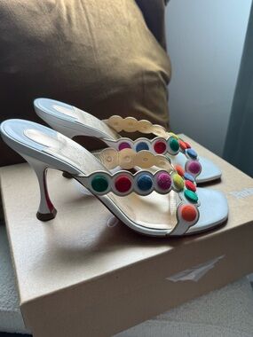 Christian Louboutin White Heeled Sandals with Multicolor Pom Embellishments